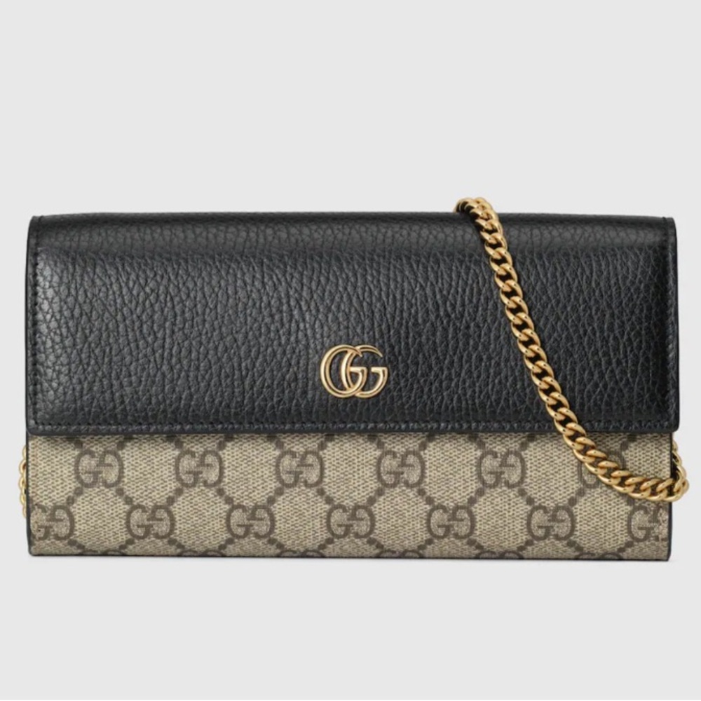 GUCCI GG MARMONT CHAIN WALLET IN COATED CANVAS AND BLACK LEATHER 
7.5”L X 4” H